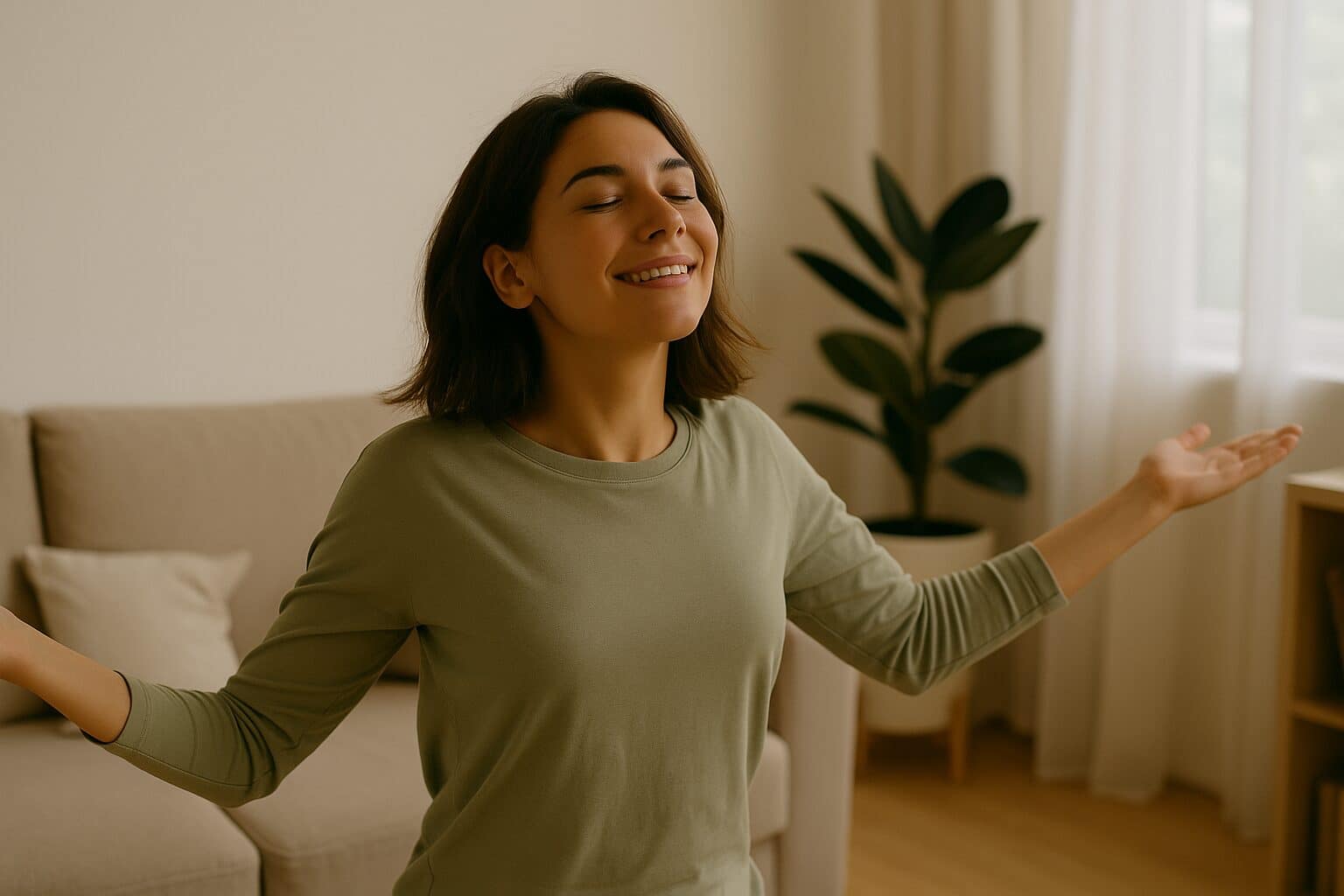 朝日で気持ちよく起きる人とベッドサイドの小瓶のCBD