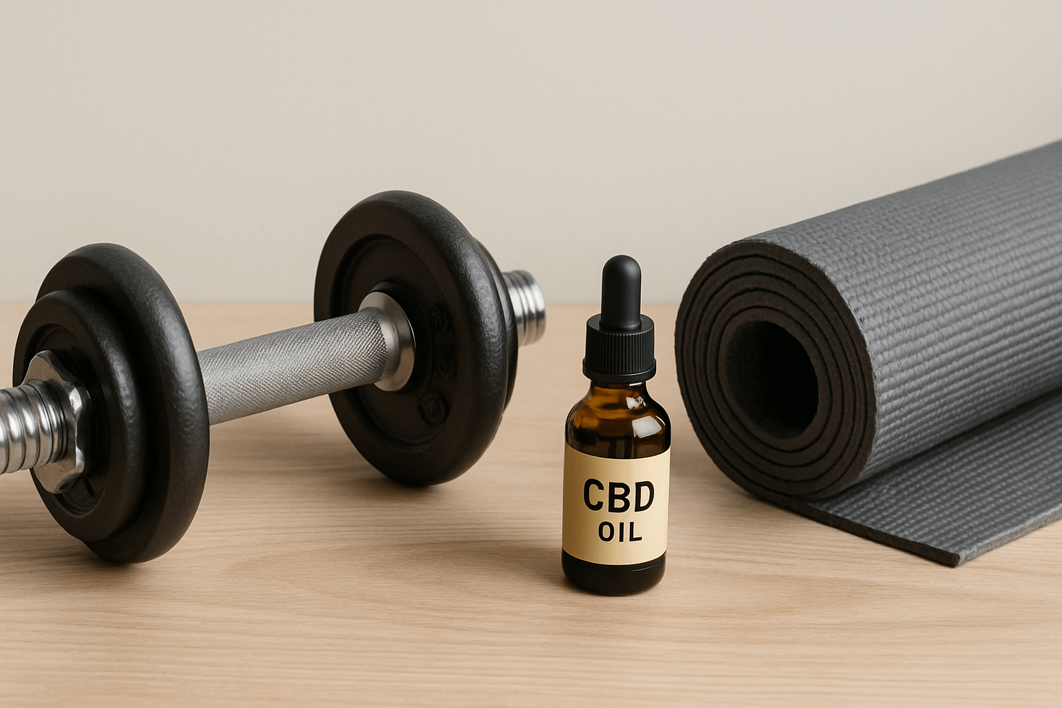 ダンベル・ヨガマット・CBDオイルが並ぶシーン