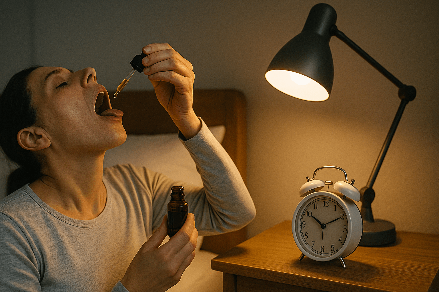 就寝前の舌下オイル、テーブル上の時計と読書灯