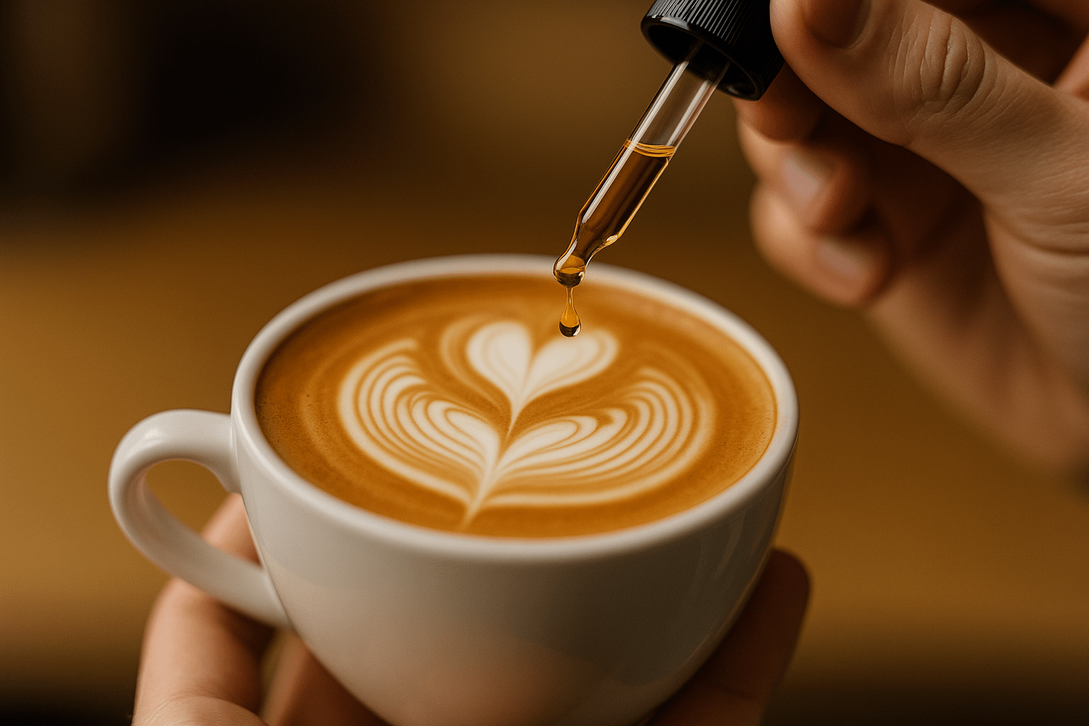 ラテアートにCBDオイルを落とす瞬間の写真