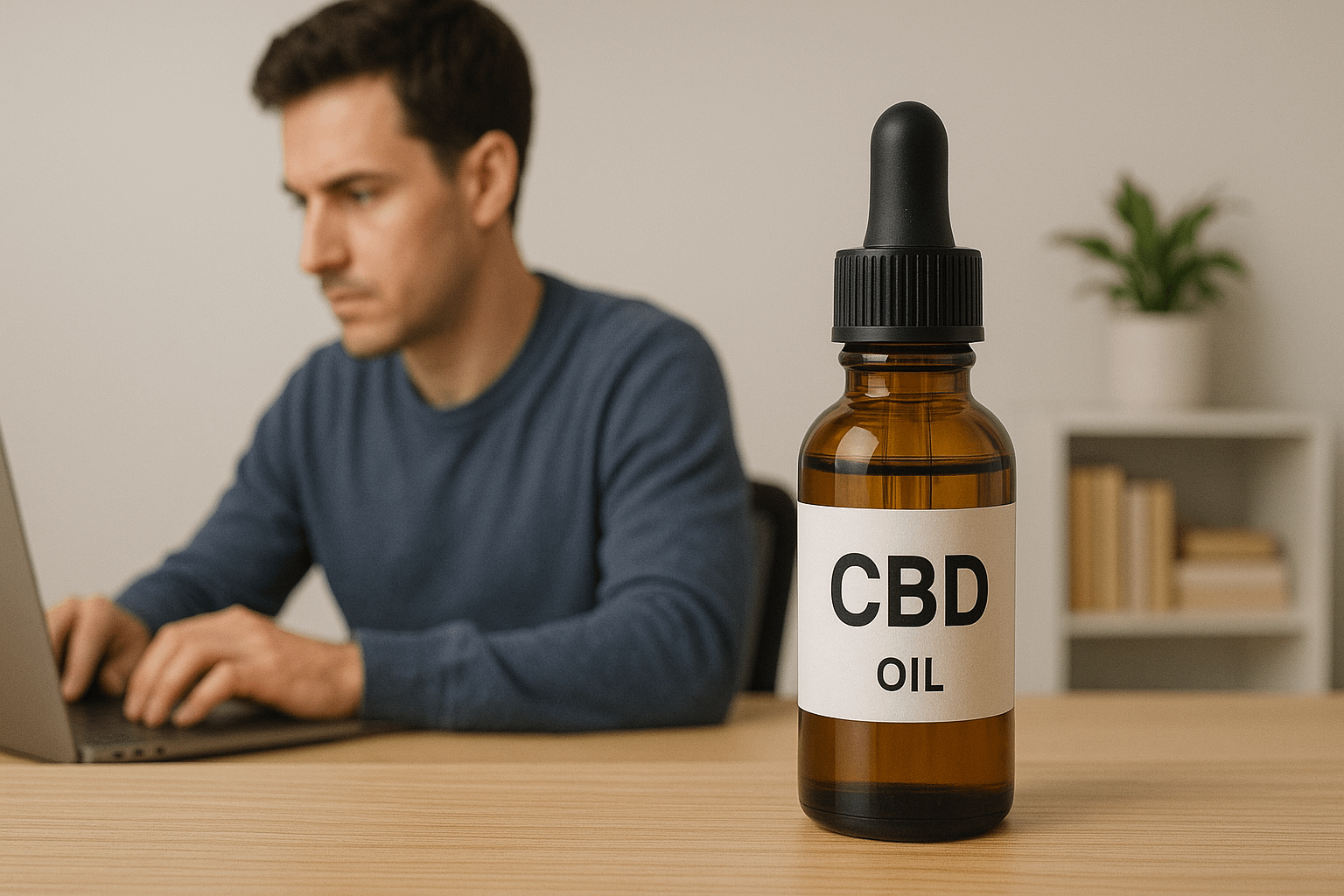 デスクで作業に集中する人とCBDオイルのボトル