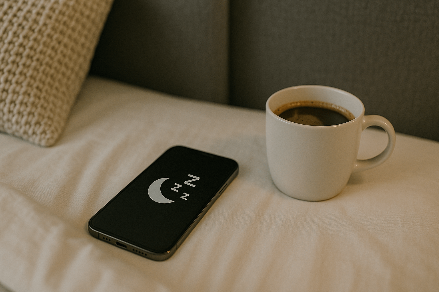 スマホとコーヒーが睡眠に影響することを示唆するイメージ