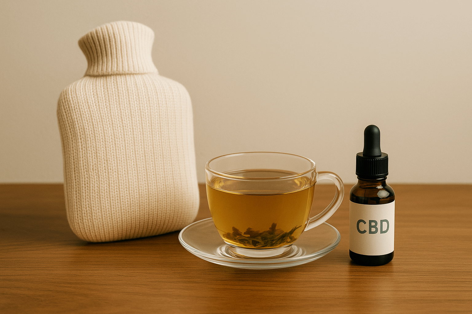 湯たんぽ・ハーブティー・CBDオイルが並ぶ落ち着いたデスク周りの写真