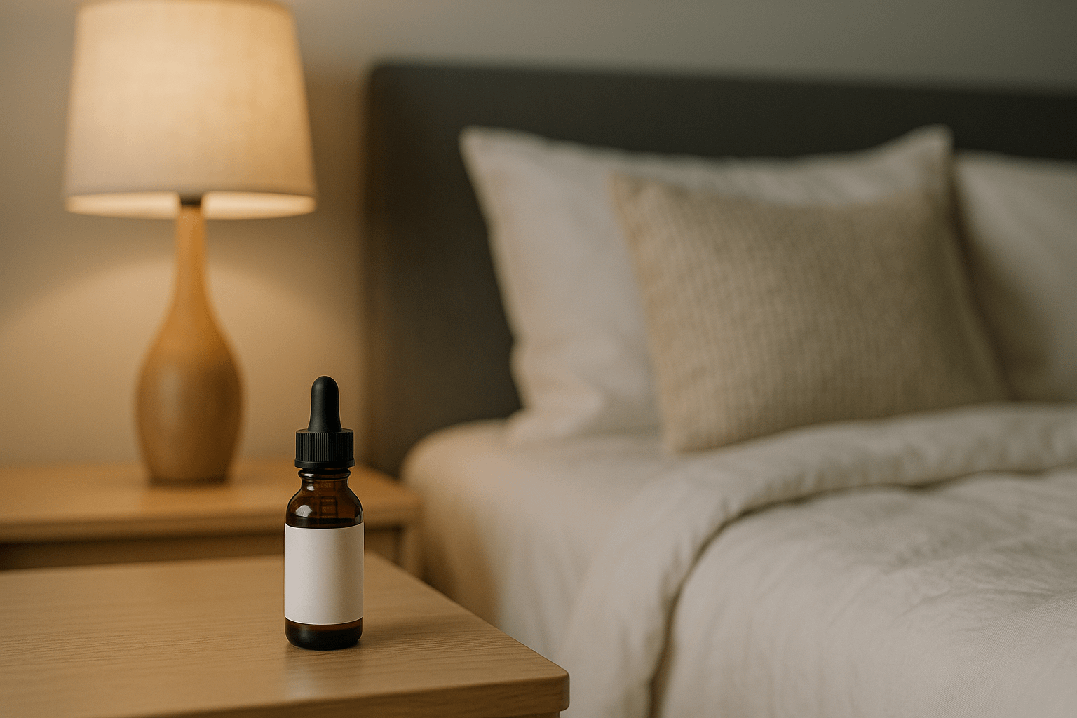 静かな寝室とナイトテーブル上のCBDボトル