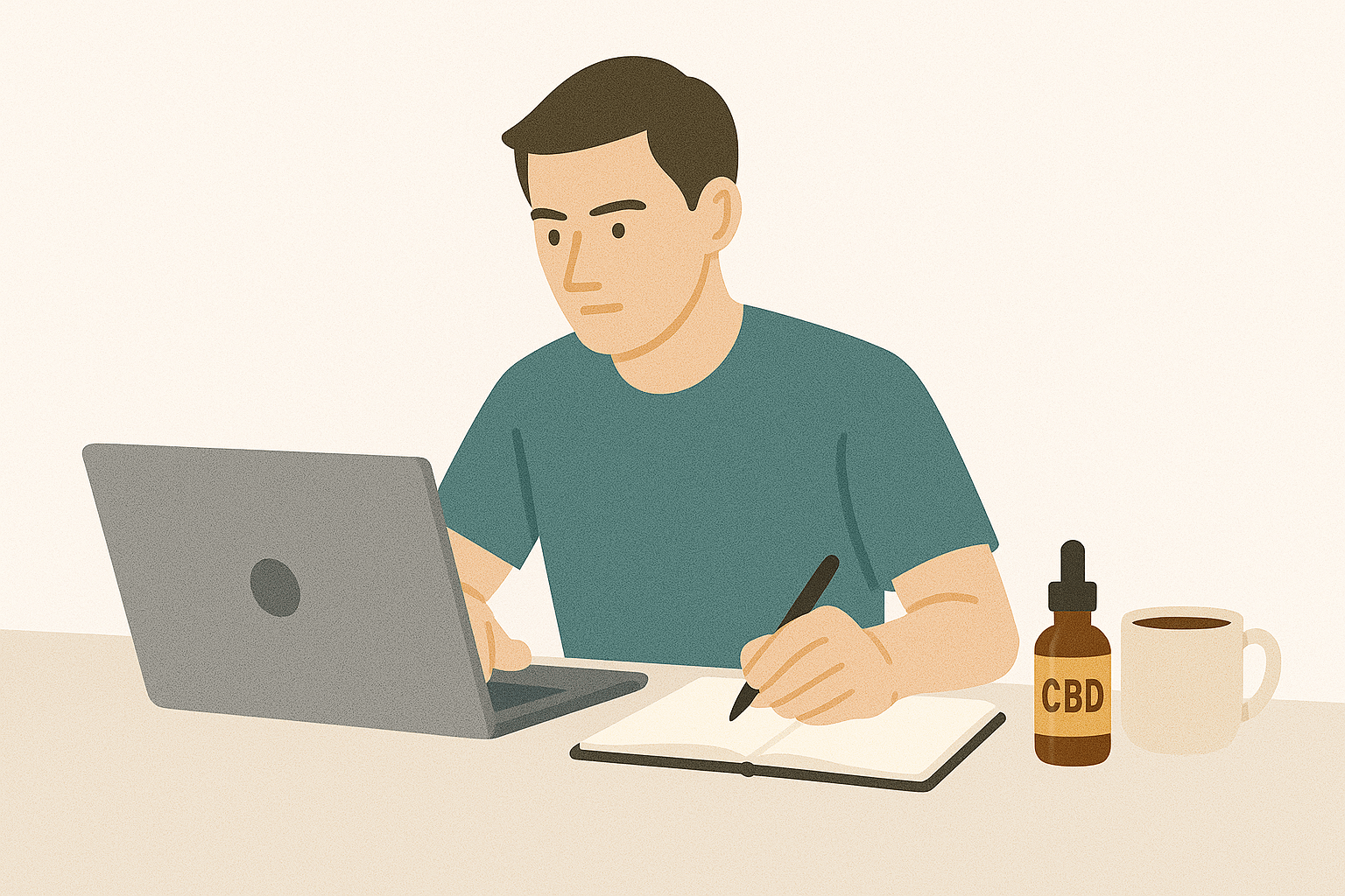 カフェのテーブルにCBDオイルとコーヒーカップ