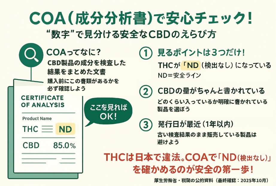 ラベルとCOA(成分分析書)を確認している手元の写真