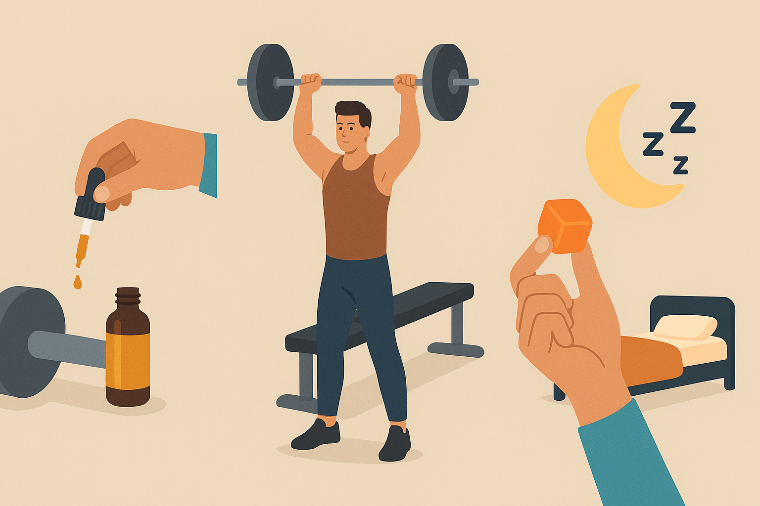 Aさん(増量期):舌下→回復→就寝前グミの流れを示す横長イラスト