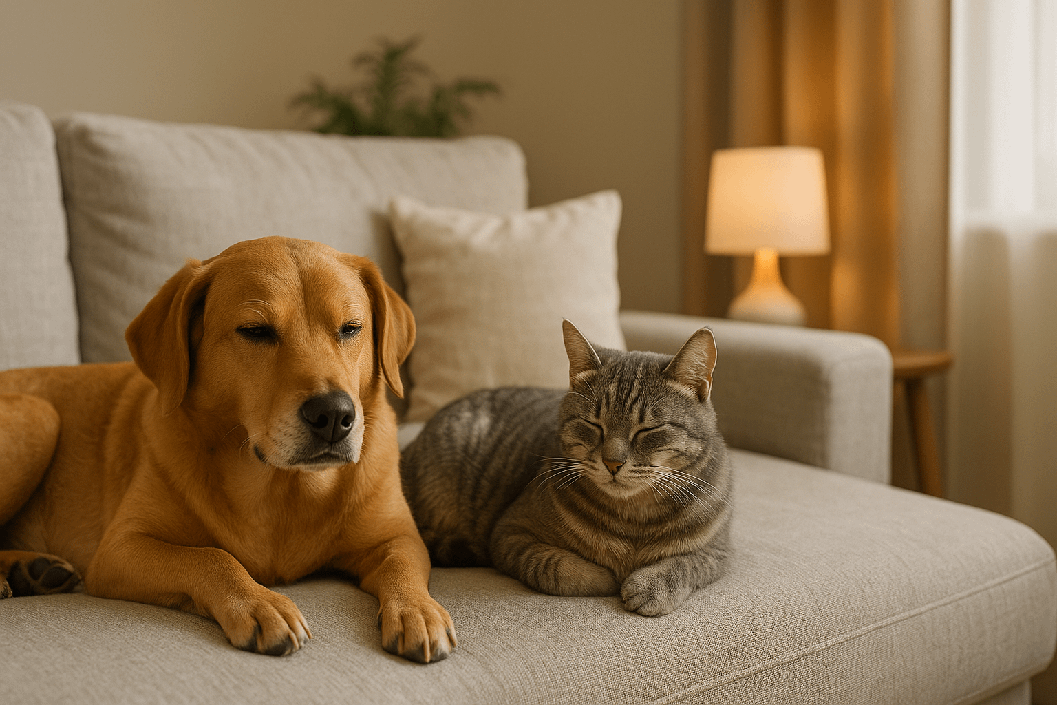 安心してくつろぐ犬と猫、落ち着いた室内環境