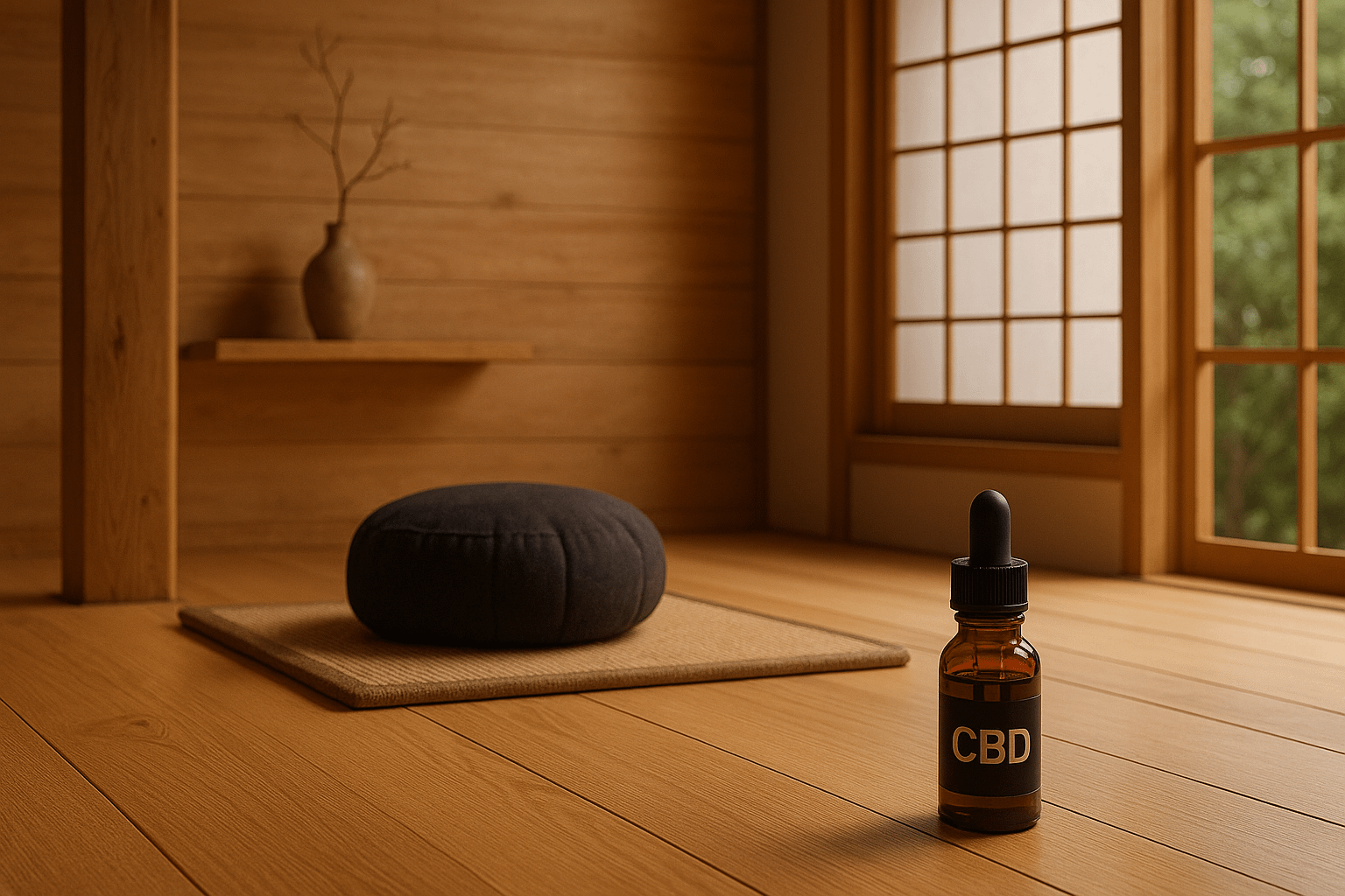 木の香りがする静かな瞑想スペースとCBDオイル