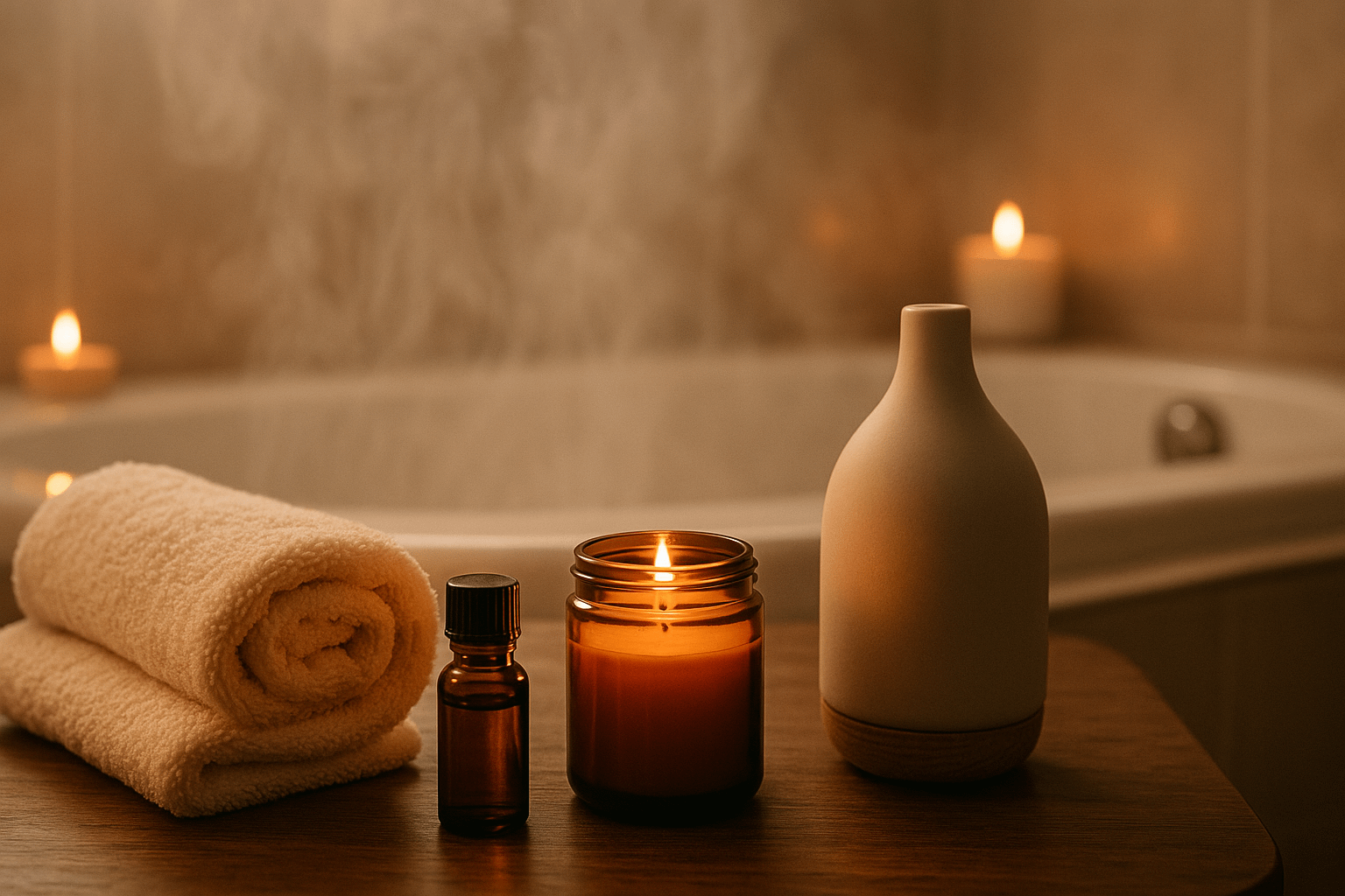 湯気の立つバスルームとアロマ・キャンドル・タオルの静かなシーン