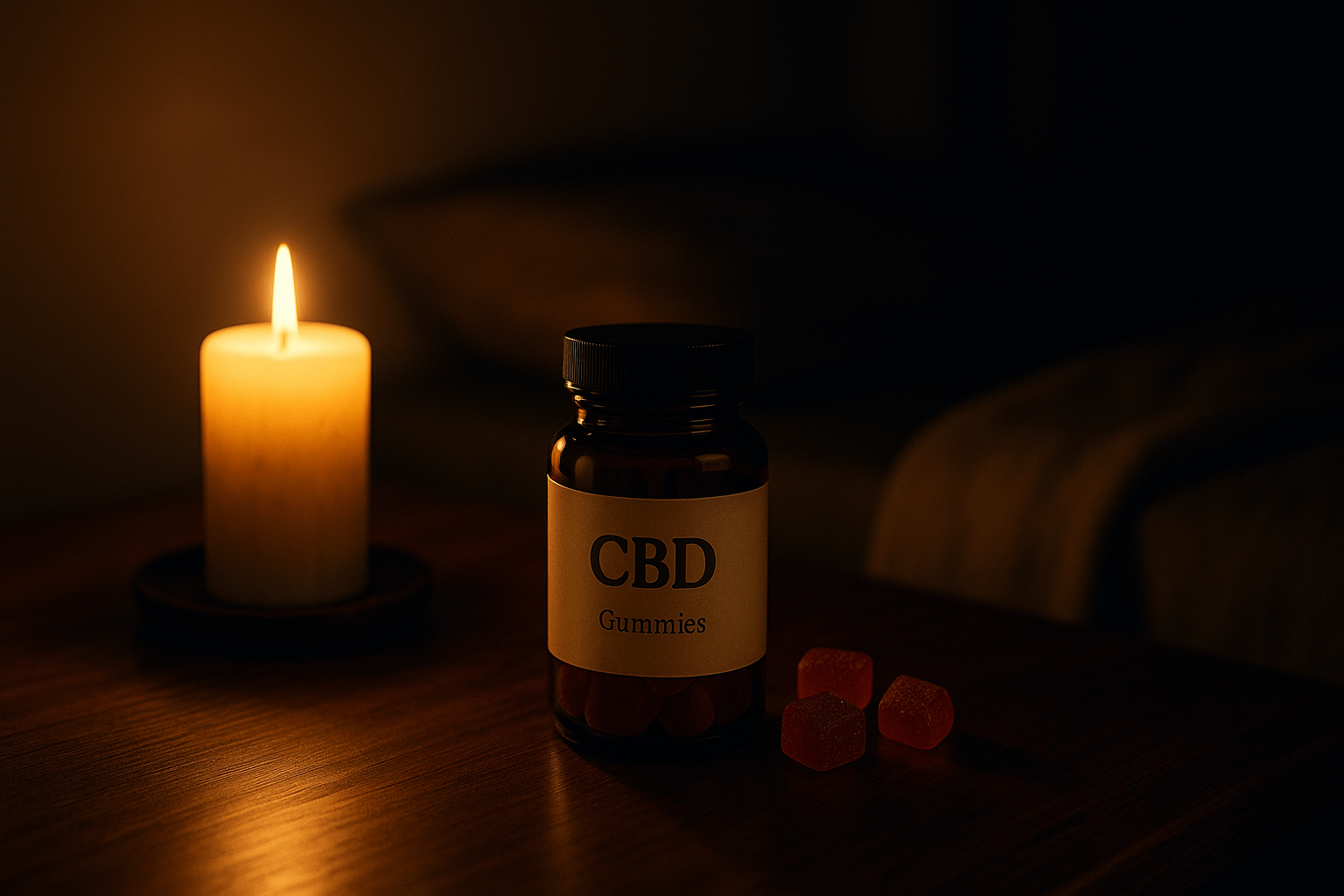 夜の静かな寝室でキャンドルとCBDグミを置いたシーン