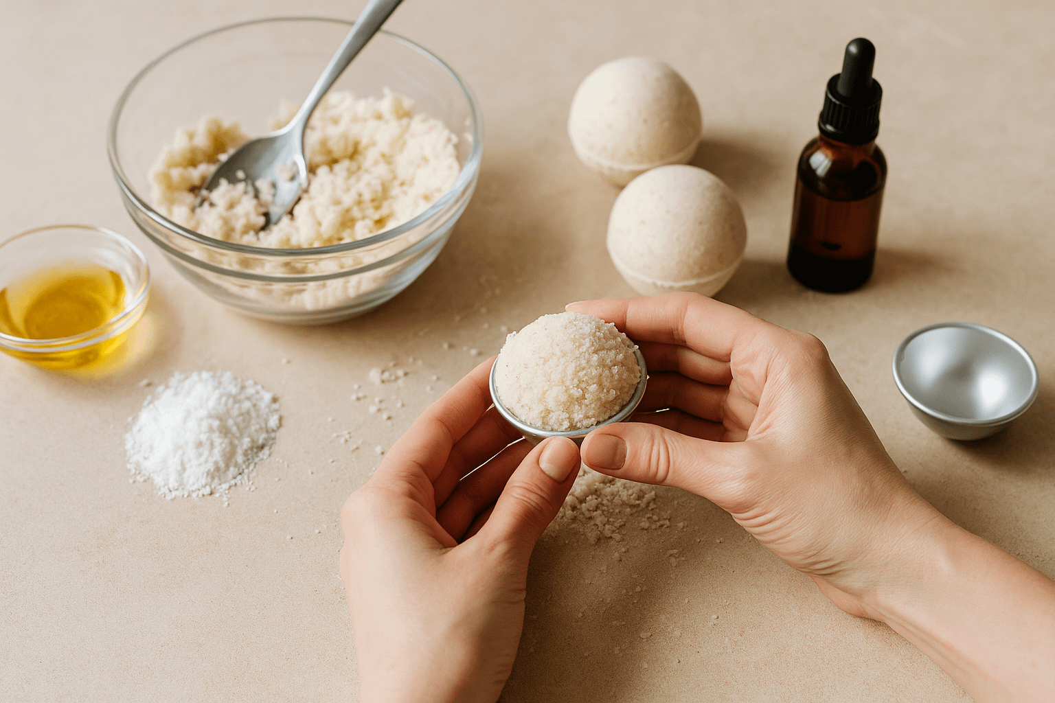 CBDバスボムの材料と型に詰める工程のイメージ